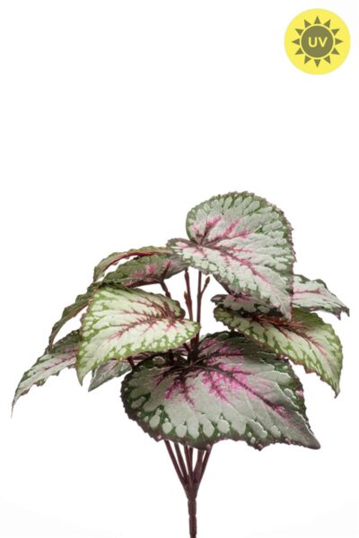 Kunstplant Begonia blad bush UV grijs-roze 25cm