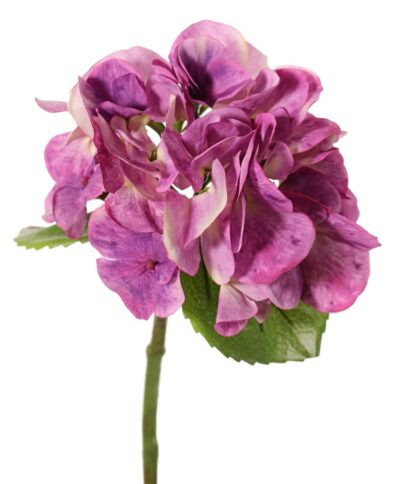 Kunstbloem Hortensia (Hydrangea) 'Sensitive' 1 grote bloem (24 blaadjes), Ø 15 cm & 2 bladeren, 33 cm