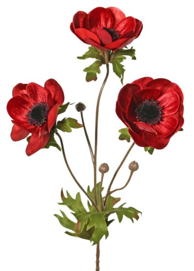 Kunstbloem Anemoon, fluweel, 3 bloemen, 3 knoppen, 2 bladeren, 73 cm