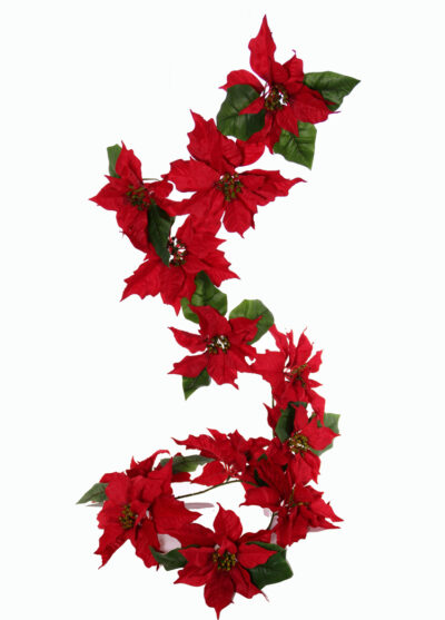 Kunstbloem Poinsettia (Kerstster) slinger, 12 bloemen (6Lg-6Md) 18 blad, 180cm